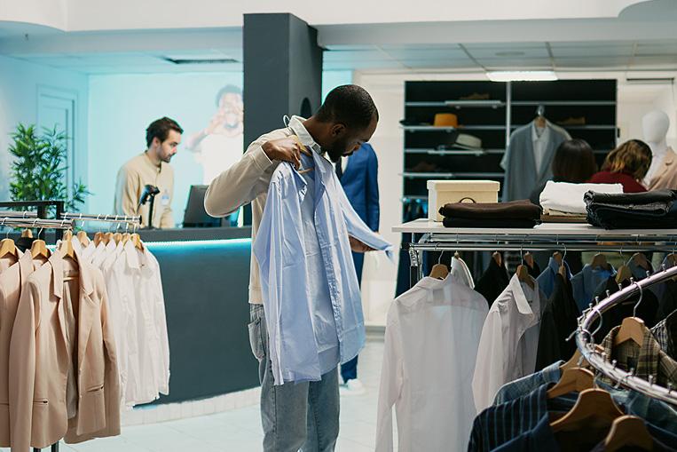 cliente mirando una camisa en una tienda de ropa